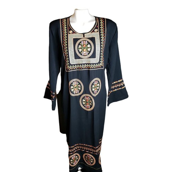Vtg SUCI XXXL Black Hippie BOHO Embroidered Caftan Tunic Dress High Quality - Picture 9 of 11